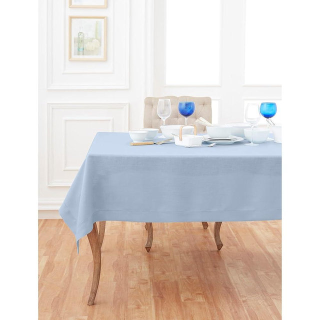 Solino Home Sky Blue Linen Tablecloth 60 x 132 Inch - Classic Hemstitch 100% Pure Linen Easter Tablecloth for Rectangle Tables - Machine Washable Table Cloth for Mother's Day, Wedding, Parties