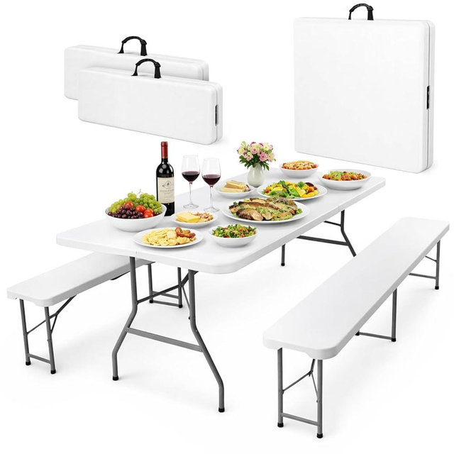 EconoHome 6 Ft White Plastic Folding Table Set with 2 Benches – Heavy-Duty Picnic Table & Bench Set, Space-Saving, Indoor/Outdoor, Seats 6-8, Easy Storage & Transport