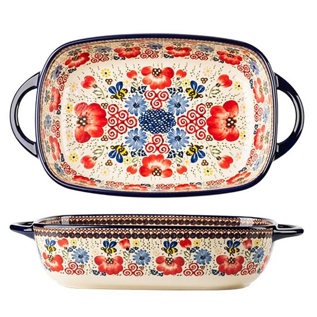Bicuzat Vintage Flowers Style Ceramic Bakeware Casserole Dish Baking Pan Lasagna Pans Baking Dish with Handles for Oven/Cooking/Kitchen-1 PCS-Red Flowers-60 OZ