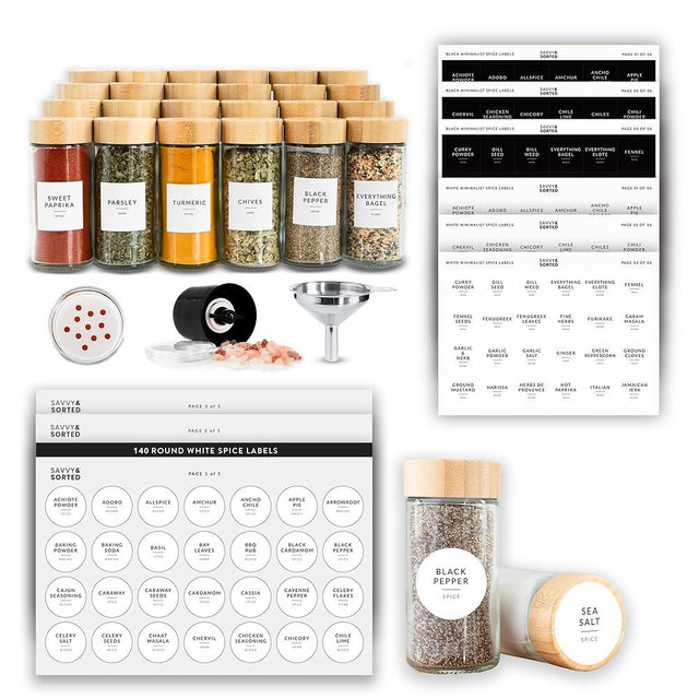 SAVVY & SORTED Bamboo Spice Jars Set and Labels Organization Bundle - Bamboo Spice Jars + Round Spice Labels - Minimalist Kitchen Labels Set - Labels for Spice Jars