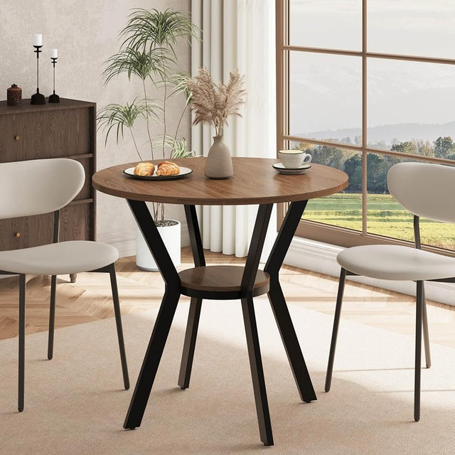 MECHYIN 31.5" Round Dining Table for 2-4, Farmhouse Small Kitchen Table with Storage, Space Saving Circle Table, Rustic Wood Dining Room Tables with Metal Legs for Kitchen, Dining Room, Apartment