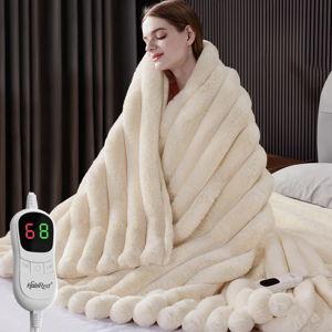 Heated Blanket Full Size, Faux Fur Cozy Heating Blanket with Overheat Protection, 1/2/4/6/8 Hours Auto-Off 10 Heat Level, Machine Washable (72x84 Inches, Cream White)