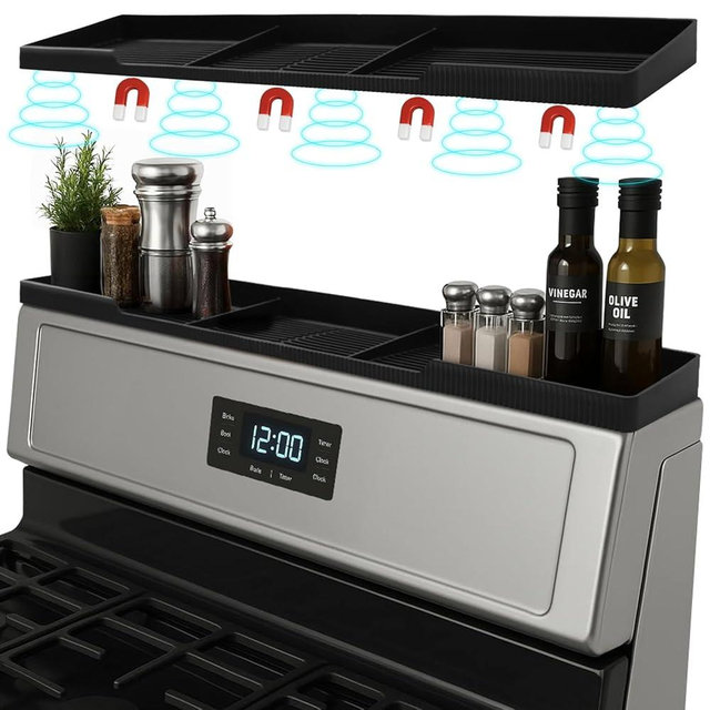 Silicone Magnetic Stove Shelf For Back Of Stove - Over The Stove Shelf, Magnetic Stove Top Shelf, Over The Stove Spice Rack, Oven Shelf For Top Of Stove, Heat Resistant, Includes 6 Extra Plates, Black