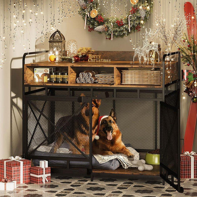 Fulhope Dog Crate Furniture,Wooden Dog Crate End Table,48 Inch Dog Kennel with Drawers,Heavy Duty Dog Crate,Decorative Pet Crate Dog Cage for Indoor 48.2" L x 27.6" W x 38.1" H (Rustic Brown)