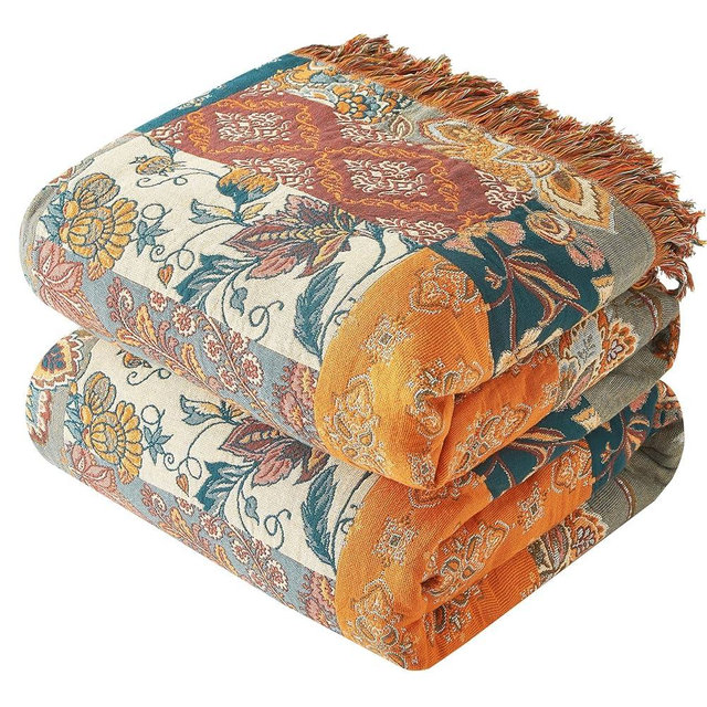 Boho Throw Blanket for Couch Sofa Bed, 100% Cotton Woven Quilt with Tassel 80”x90”, Super Soft Muslin Blanket with Floral Printed, Decorative Reversible Bed Blanket/Cover for All Seasons