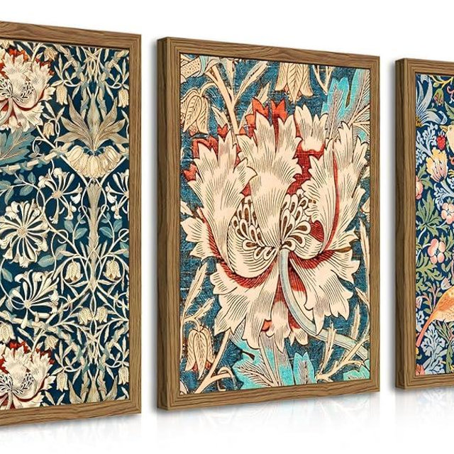 Wood Frame William Morris Wall Art Set of 3, Vintage Botanical Floral Canvas Wall Decor Painting, Farmhouse Artwork Aesthetic Posters Prints for Living Room Bedroom Bathroom 12x16In Framed
