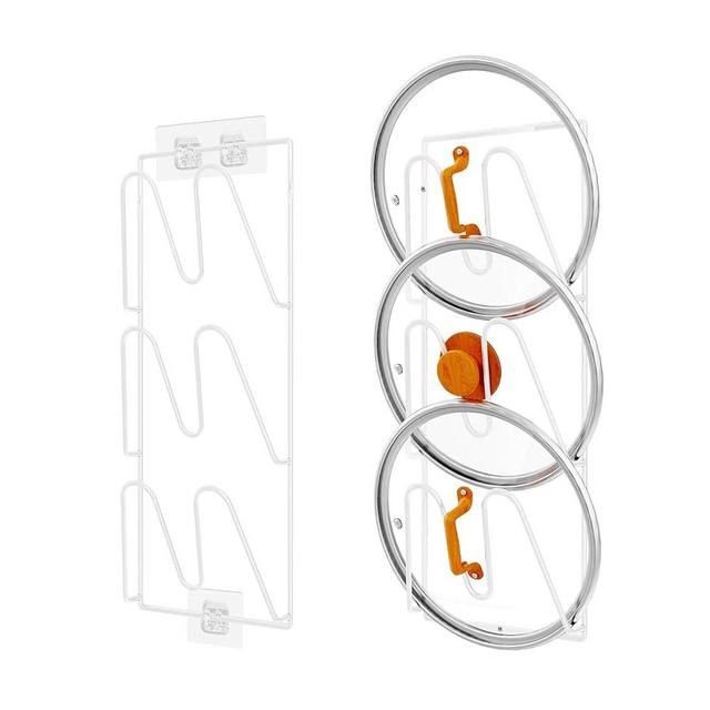 2 Pack Pot Lid Organizer Rack, 6-Tier Pot Lids Holder for Cabinet Door/Wall, No Drilling Adhesive Wall/Door Mounted Rustproof Pot and Pan Cover for Kitchen Storage, White