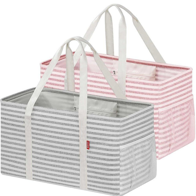 LHZ.K Standing Extra Large Utility Tote Bag 2 Pack, Foldable Reusable Grocery Bags with Metal Wire Frame & Hard Bottom Board
