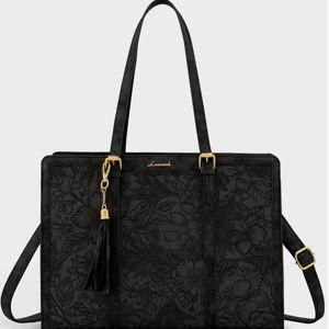 Black Vintage Embossed Leather Laptop Tote, 15.6" 17.3"