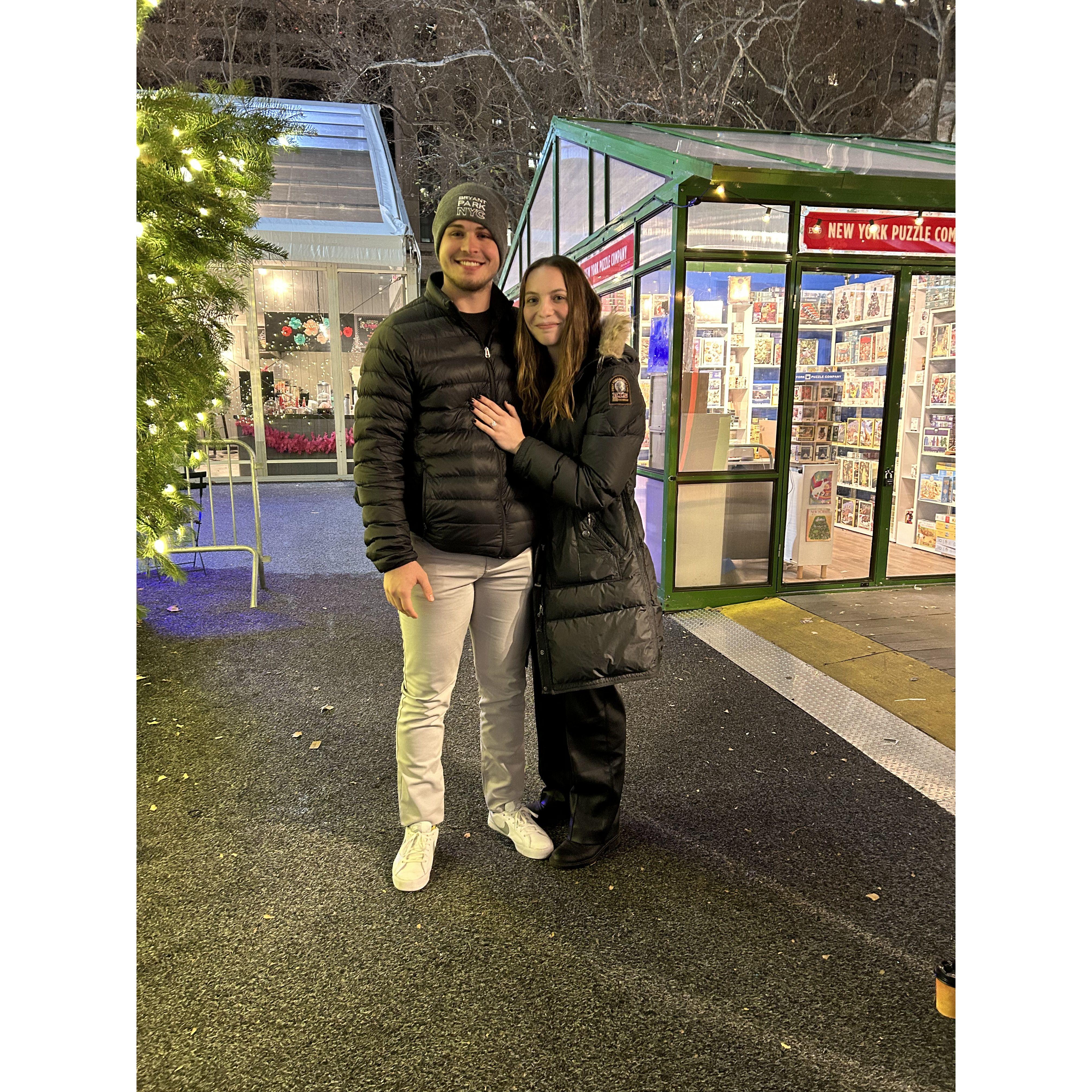 We're engaged! Carter proposed in Bryant Park, New York - it's the best story.