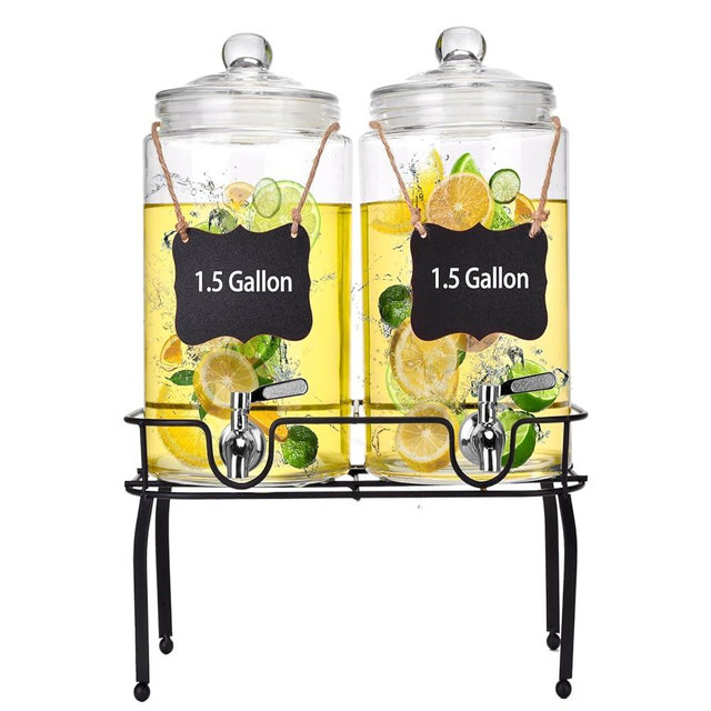 1.5 Gallon Glass Drink Dispenser Set of 2, Drink Dispensers for Parties, Beverage Dispenser with Stand and Glass Lid, 100% Leakproof Spigot, Ideal for Lemonade, Juice, Laundry Detergent Dispenser