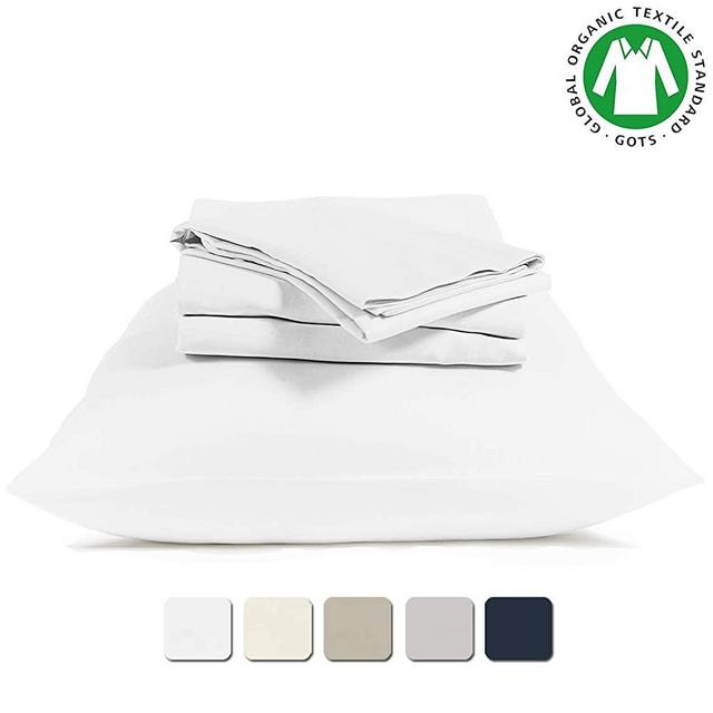 BIOWEAVES 100% Organic Cotton Sheets 300 Thread Count 4-Piece GOTS Certified Bed Sheet Set That Fits Mattress Upto 17" Deep Pocket, Soft & Silky Sateen Weave (Queen, White)