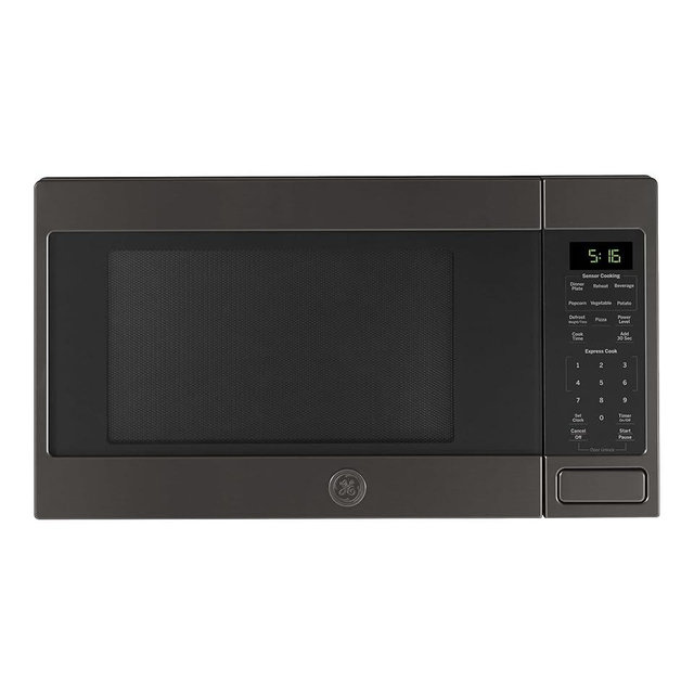 GE Countertop Microwave Oven, 1,150-watt Capacity, 1.6 Cubic Ft., 8 Auto Setting Cooking Settings, Child-Lock Technology, Kitchen Essentials for the Countertop, Dorm Room or Apartment, Black Stainless