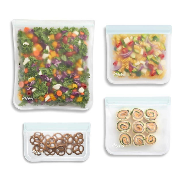(re)zip 4-Piece Reusable Essential Bags Kit | BPA-Free, Leakproof, Food-Grade 100% Food-Safe PEVA, for Food Storage and Freezer Use, Travel Friendly | Includes 1 Gallon, 2 Lunch/Sandwich, 1 Snack Bags