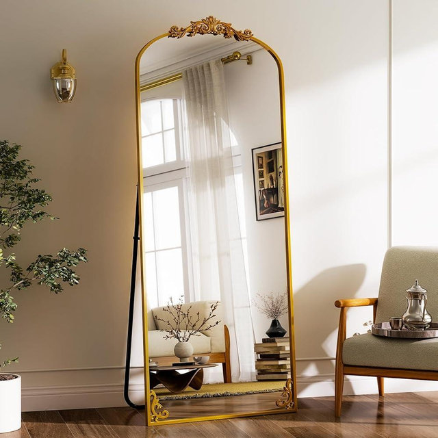 GLSLAND 56"x21"Vintage Full Length Mirror - Large Carved Arched Mirror Baroque Full Body Mirrors for Bedroom Living Room Entryway,Gold
