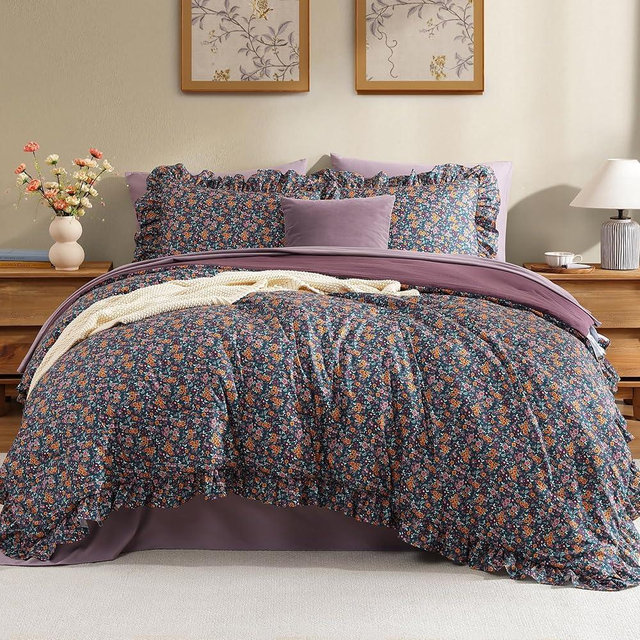 BLOOMHAVEN Queen Comforter Set - 7 Pieces Ruffle Purple Ditzy Bedding Sets, Shabby Chic Farmhouse Bed in a Bag with Ruffle Comforter, Sheets, Pillowcases & Shams