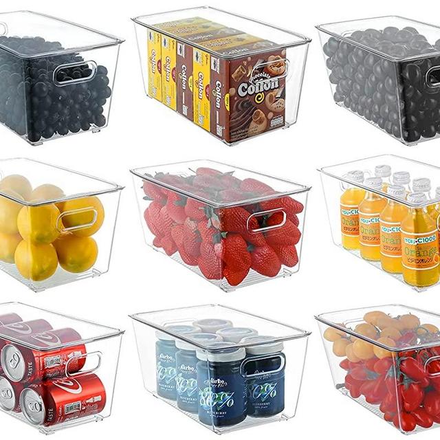 Refrigerator Organizer Bins with Lids, ESARORA 9 PACK Large Stackable Clear Fridge Bins with Handles For Fridge, Freezer, Kitchen Cabinet, Pantry Organization, BPA Free Freezer Organizer Bins
