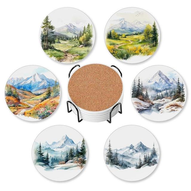 6 Pcs Drink Coasters with Holder,Mountain Landscape Watercolor Absorbent Round Ceramic Coaster for Tabletop Protection,for Coffee Cup Beverage Coasters Wine Beer Bar
