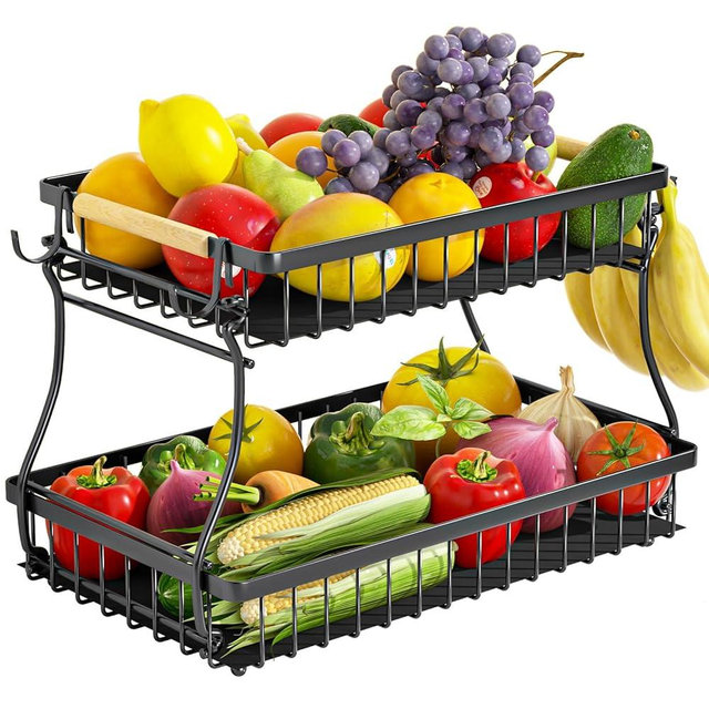 baecel 2 Tier Fruit Basket with 4 Banana Hangers, Premium Detachable Fruit Bowl for Kitchen Counter, Large Capacity Fruit Holder Stand Countertop Organizer for Bread Snack Produce Storage