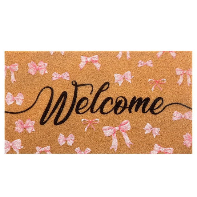 Tinideya Pink Bow Nature Coir Doormat Outdoor Cute Welcome Mats Non Slip Coquette Pink Bow Mat for Front Door Porch Coquette Party Outdoor Entryway Decor, 17 x 30 Inch(Black Welcome)