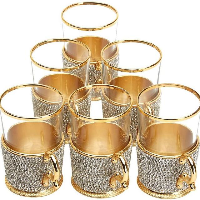 DEMMEX Handmade Rhinestone Crystal Decorated Fancy Coffee Tea Beverage Glasses Cups with Holders, 7 Ounces (6)