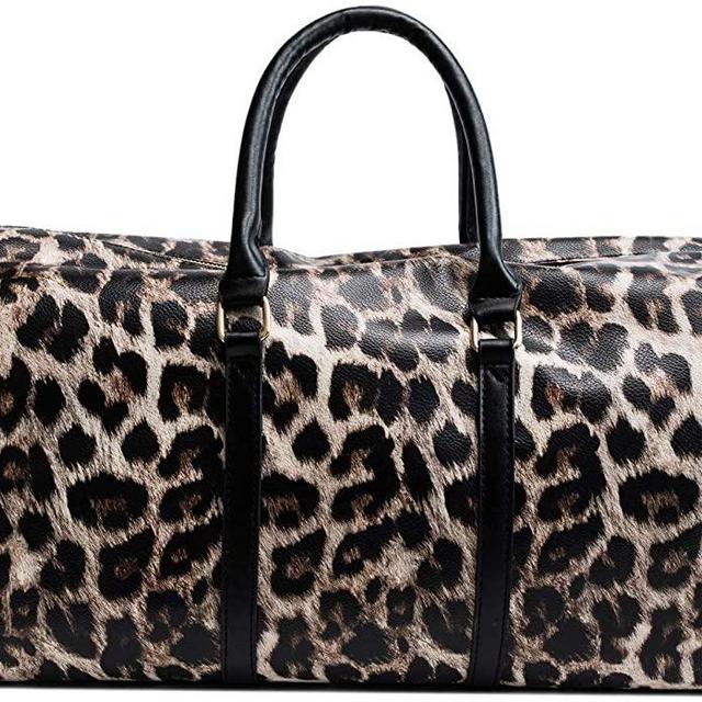 QUARKERA Leopard Leather Weekender Travel Bag for Women Girls Cheetah Animal Print Duffle Overnight Tote Shoulder Bags (Medium)