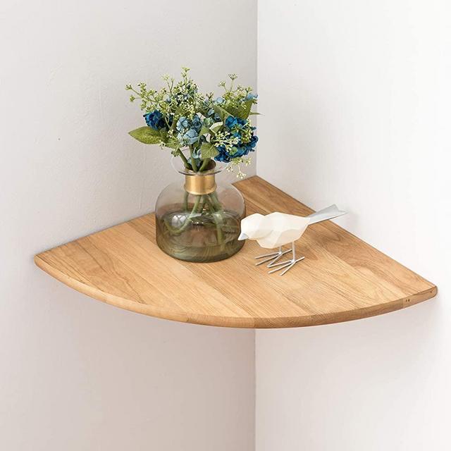 Wood Corner Shelf, 10inch Oak Floating Shelf Round End Wall Mounted Display Shelf Floating Speaker Nursey Monitor Shelf Bookshelf Wall Decor for Bathroom Kitchen Living Room Bedroom