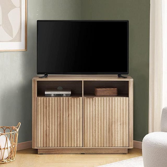 Mopio Brooklyn Mid-Century Modern TV Stand, for TVs up to 50” Waveform Panel, Sleek Curved Profile with Adjustable Shelf and Sturdy Box Frame Leg (Golden Oak, Corner TV Stand)