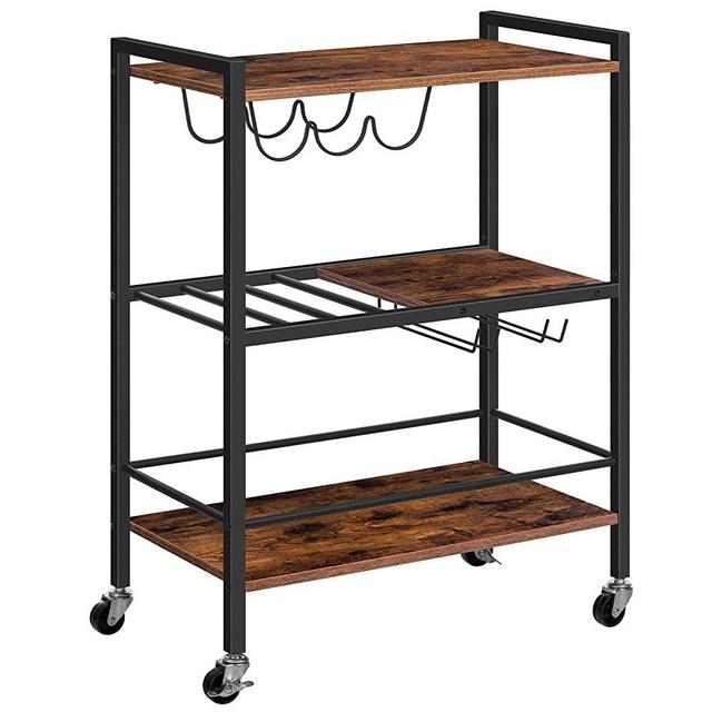 HOOBRO Bar Cart, Serving Cart, 3-Level Movable Kitchen Trolley with Cup Holder and Wine Rack, with Freely Rotating and Lockable Wheels, for Dining Rooms, Living Room, Garden, Party, Bar BF35TC01