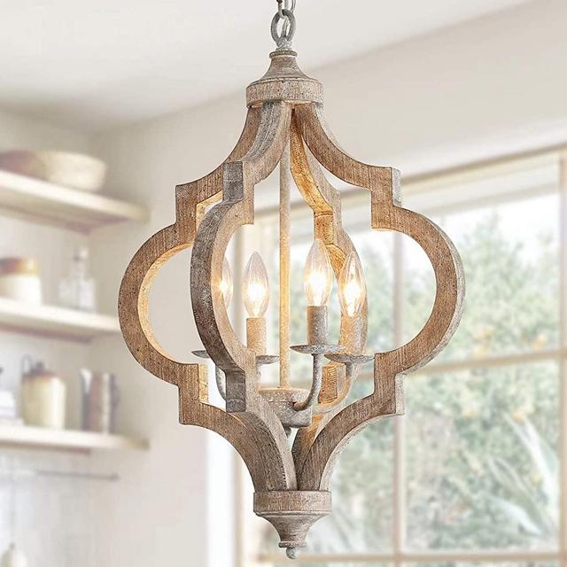 PHILOMENA 4-Light Farmhouse Chandelier Ceiling Light Rustic Wood Orb Chandelier Light Fixture Antique Hanging Ceiling Lamp Pendant Light Vintage Chandelier for Dining Room Kitchen Foyer Hallway