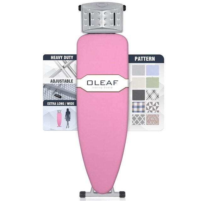 oleaf Ironing Board with Cover and Thicken Pad 43 x 13 Height Adjustable Full Size Foldable Iron Board with Iron Rest, Stable Steel Legs, Metal Construction, Heat Resistant, Pink