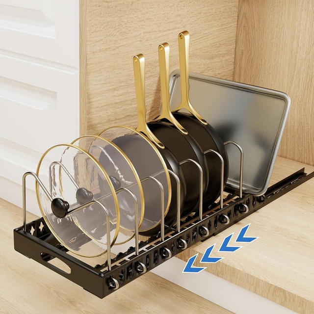 FENGBIAO Pots and Pans Organizer Under Cabinet, Pull out Cabinet Organizers for Kitchen, Pan Organizers Inside Cabinet and Storage, Fixed with Adhesive Nano Film, Heavy Duty Slide out Pan Organizer