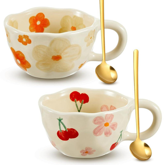 Vesici 2 Pcs Ceramic Coffee Mugs Flower Cups with Spoon Vintage Floral Mugs with Handle 8.5 oz Aesthetic Tea Porcelain Cup Gift for Valentine Office Home, Dishwasher and Microwave Safe(Fresh)