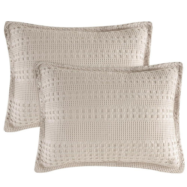 PHF 100% Cotton Ruffle Waffle Pillow Shams King Size, 2 Pack 20" x 36" Soft Skin-Friendly Pillowcases, No Filling, Aesthetic Home Decor, Breathable Waffle Weave Bed Pillow Covers, Oatmeal