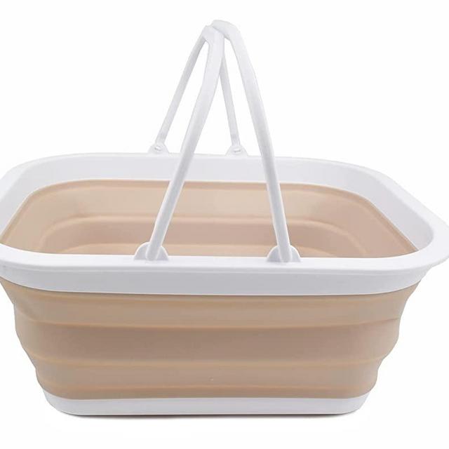 SAMMART 15L (4 Gallon) Collapsible Basket with Handle - Portable Outdoor Picnic Basket / Crater - Foldable Shopping Bag - Space Saving Storage Container (White/Latte, 1)