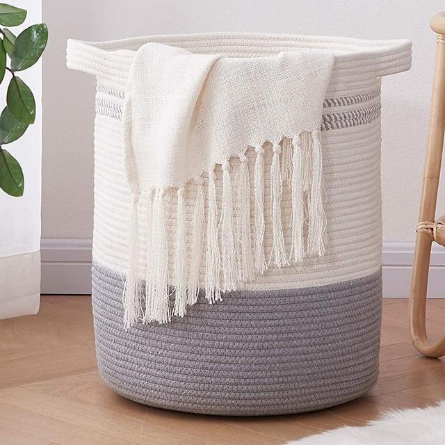OIAHOMY Laundry Basket-Cotton Rope Basket Large Storage Basket with Handles,Modern Decorative Woven Basket for Living Room,Storage Baskets for Toys, Throws, Pillows,and Towels -18"×16"-White&Grey