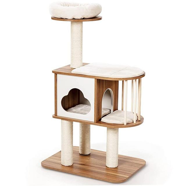 PETSITE 46 Inches Wooden Cat Tree Cat Tower for Indoor Cats, Multi-Level Small Cat House Condo with Scratching Post, Platform & Condo for Kittens & Cats