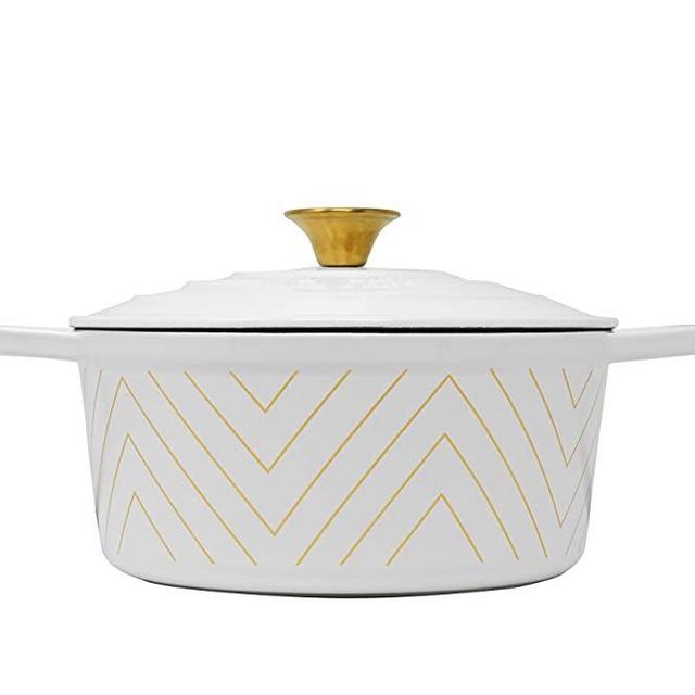 Bel Fer, Enameled White Cast Iron Dutch Oven with Gold Chevron Print and Knob