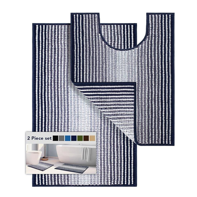 Bathroom Rugs Sets 2 Piece, Toilet Rugs U-Shaped, Contour Bath Mat Set for Toilet Bathroom, Soft Absorbent Chenille Bath Carpet, Quickly Dry, Washable (Navy, 32" x 20" + 24" x 20")