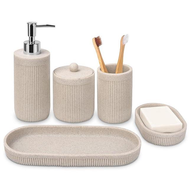Bathroom Accessory Set 5Pcs- Lotion Soap Dispenser,Toothbrush Holder,Qtip Holder Dispenser,Vanity Tray and Soap Dish-Modern Bathroom Decor Vanity Countertop Organizer,Beige