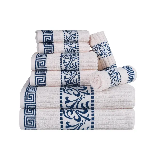 100% Cotton Medium Weight Floral Border Infinity Trim 8 Piece Assorted Bathroom Towel Set, Ivory-Navy - Blue Nile Mills