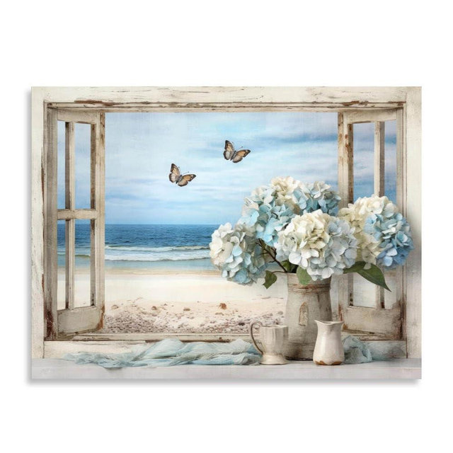 Vintage Ocean View Window Canvas Wall Art, High-Resolution Print with Fresh Blue and White Hydrangeas and Butterflies, Rustic Style Decor for Bathroom, Bedroom, Office Framed 12"X16"