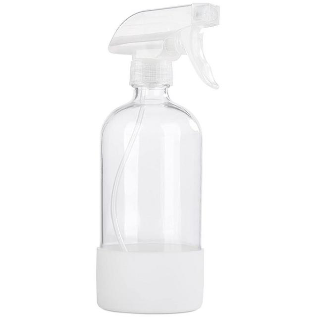 HOMBYS 16 Oz Clear Glass Spray Bottles with Silicone Sleeve,Empty Boston Bottle Spray Bottle with Adjustable Nozzle,Refillable Container for Cleaning, Essential Oils, Hair, Plants-1 Pcs (White)