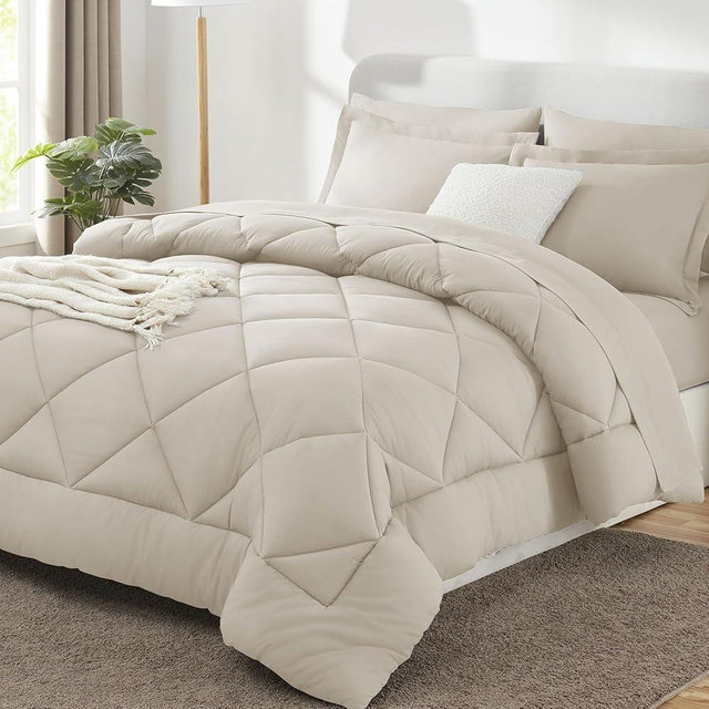 CozyLux California King Comforter Set Beige - Cal King Bed in a Bag 7 Pieces, Luxury Soft Bed Set for All Seasons, Bedding Set with Comforter, Sheets, Pillowcases & Shams
