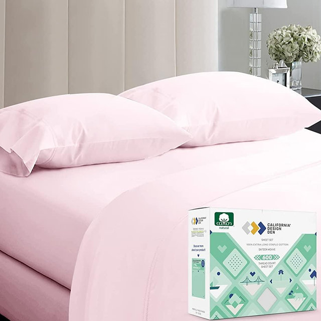 California Design Den - Hotel Luxury Sheets King Size 100% Cotton, 600 Thread Count Deep Pocket, Snug Fit, Soft & Crisp Hotel-Quality Cotton Bedding with Sateen Weave 4 Piece Set (King, Blush Pink)