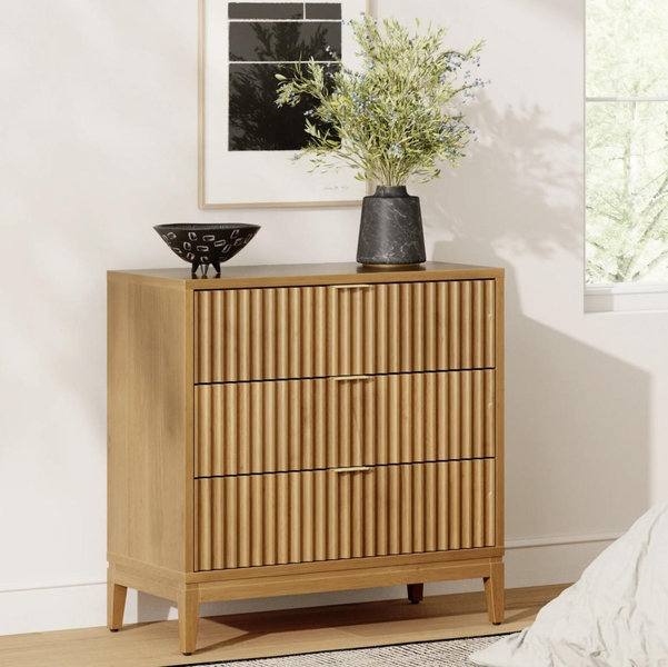 Bohemian Solid Wood 3-Drawer Fluted Dresser Light Brown