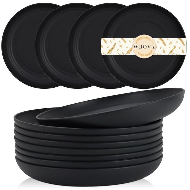 Wrova Wheat Straw Plates - 9 Inch Unbreakable Dinner Plates Set of 8 - Dishwasher & Microwave Safe Plastic Plates Reusable - Lightweight Plates for kitchen,camping (pure black)