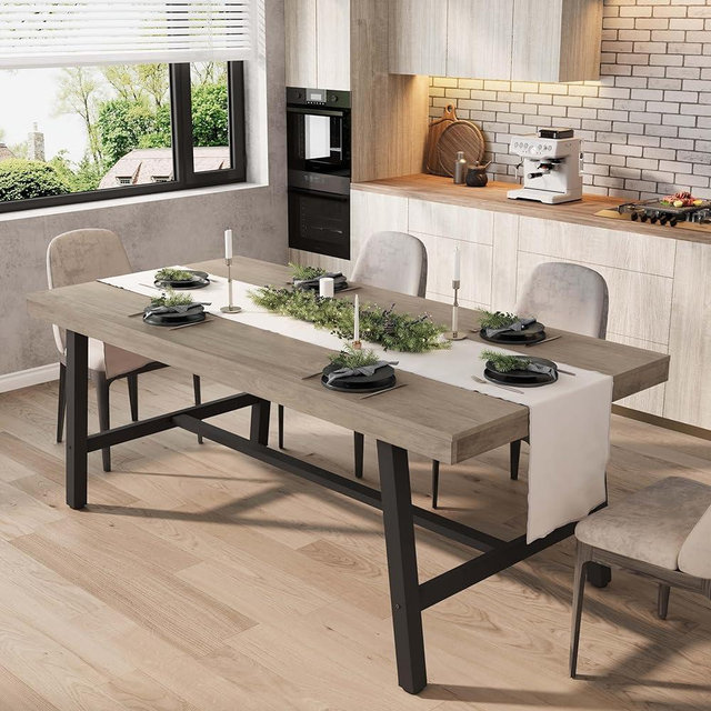 GarveeHome Industrial Dining Table for 6-8 People, 70.87" Long Wooden Kitchen Table with Sturdy Metal Frame & Rustic Brown Finish (Grey, Large)