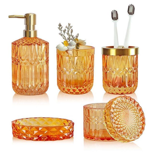 LaMarriti Orange Bathroom Accessories Set, 5Pcs Clear Glass Bathroom Accessories, Soap Dispenser, Soap Dish, Tumbler, Toothbrush Holder Set, Qtips Holder for Vanity Countertop Decor