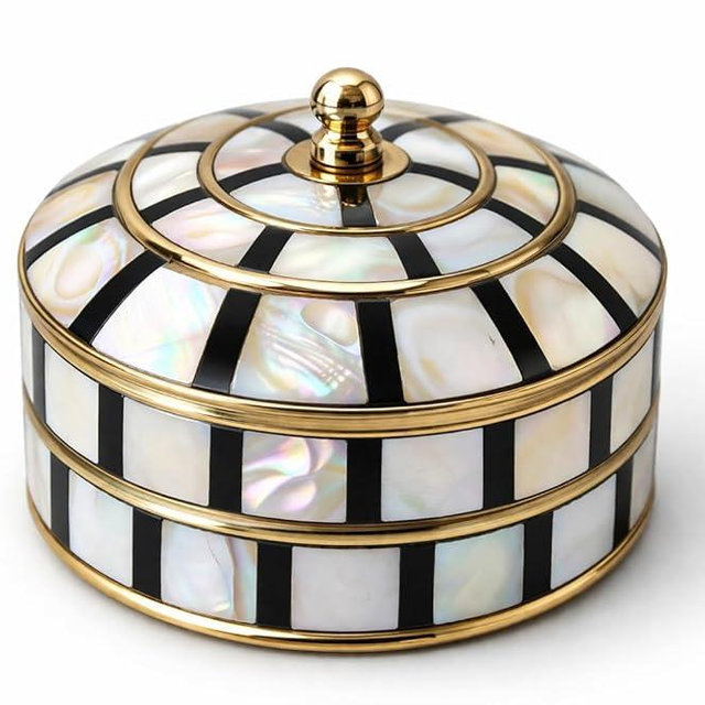 HANDTECHINDIA Decorative Jewelry Trinket Box Unique Gift for Home Decor Antique Metal Case with Mother of Pearl Sindoor Box/Coin Box (Double Black)